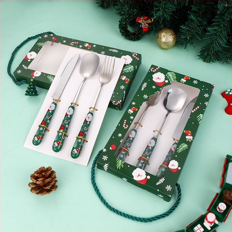 Set tacâmuri din oțel inoxidabil 304, cuțit, furculiță și lingură, lustruire oglindă, stil modern minimalist, motiv Moș Crăciun