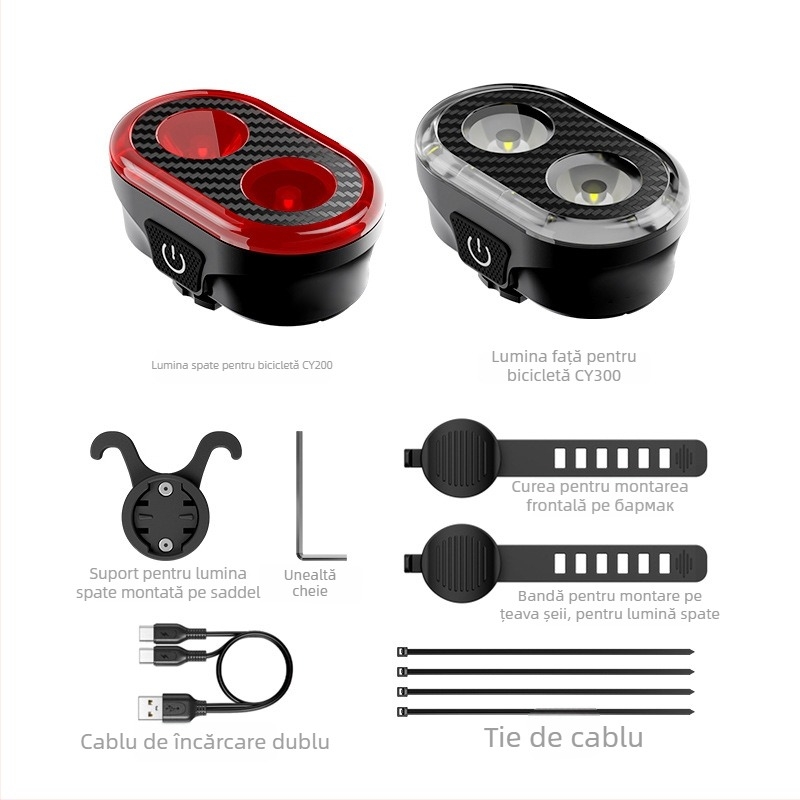 Cyclami CY300T set iluminare inteligentă frână bicicletă (faruri față și spate) – model CY300T, personalizare, certificări CE, ROHS, PSE