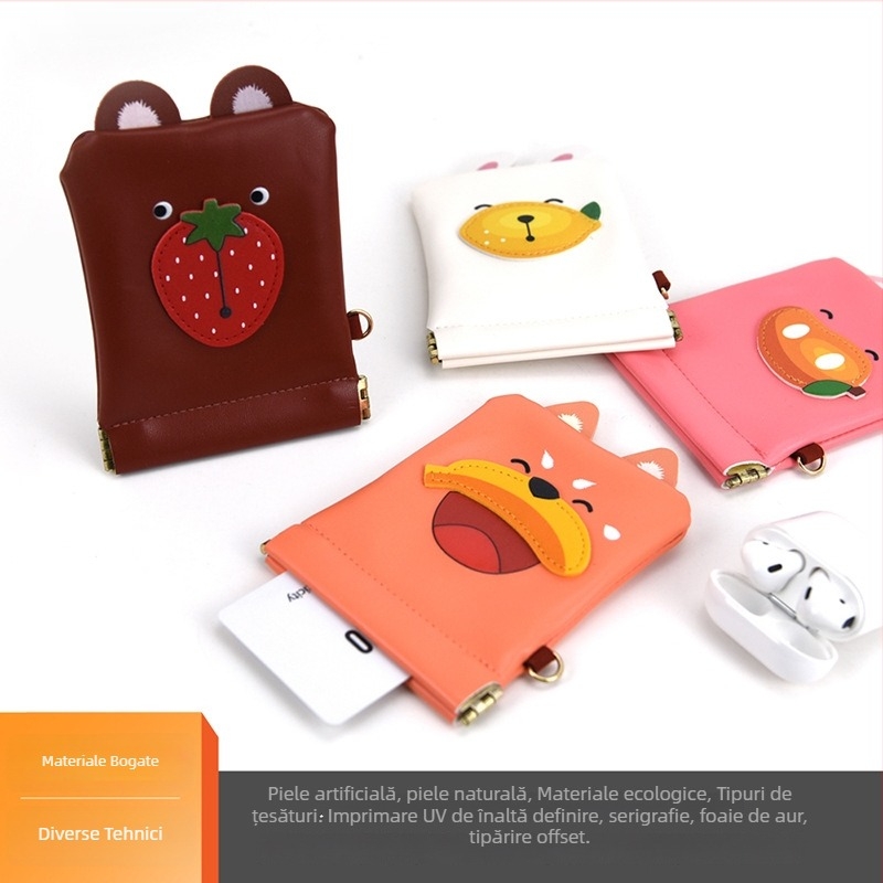 Portofel de monede cu model fructe-animale, material PU, fără căptușeală, unisex, pentru uz zilnic