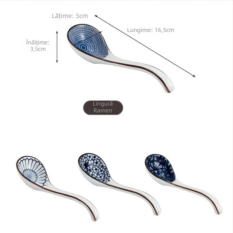 Lingură ceramică cu mâner lung, model floral, lingură de băut în stil japonez, imprimare logo disponibil