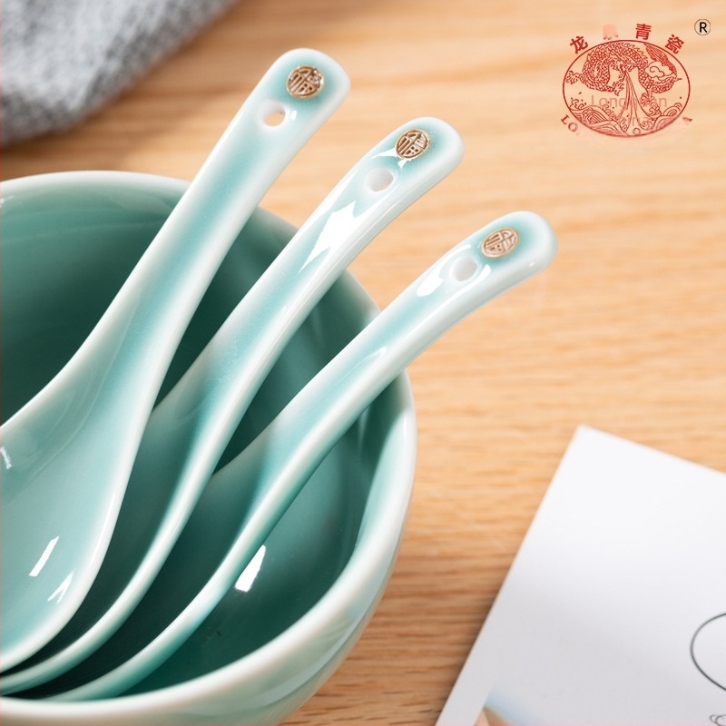 Lingură de supă Longquan Celadon - stil modern minimalist, model monocrom, logo imprimat, personalizare disponibilă