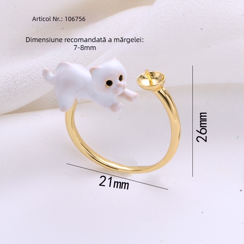 Inel reglabil cu perlă, în formă de pisică, placare electrolitică