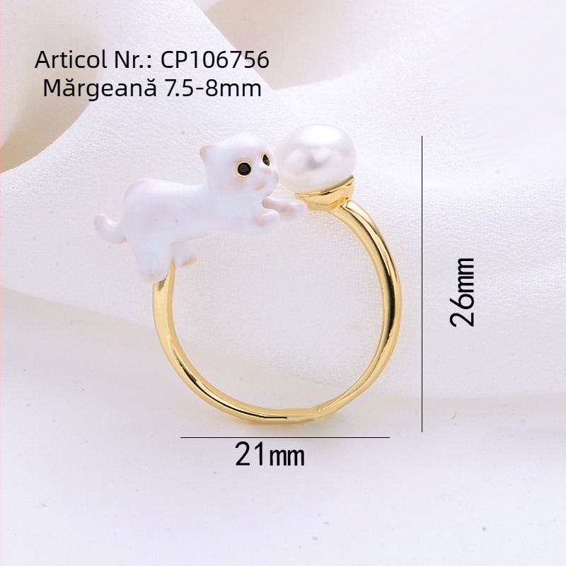 Inel reglabil cu perlă, în formă de pisică, placare electrolitică