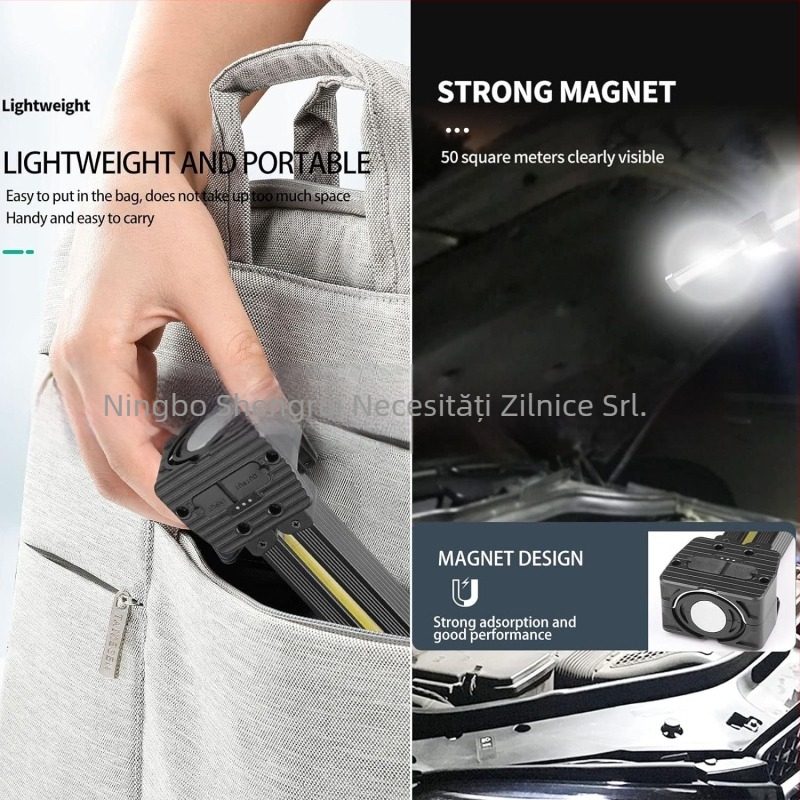 Lumină de lucru reîncărcabilă cu două surse de lumină și lanternă de urgență, cu cârlig magnetic; COB LED, 10W, 5V, IP44, 200 lm, model A55, 135 g