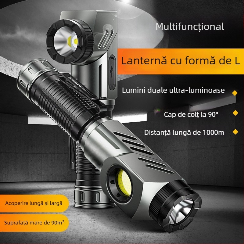 Lanternă LED magnetică de colț cu rotație de 360° și pivot la 90°, baterie 5000mAh, încărcare rapidă Type-C