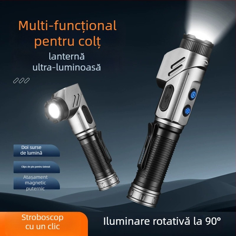 Lanternă LED magnetică de colț cu rotație de 360° și pivot la 90°, baterie 5000mAh, încărcare rapidă Type-C