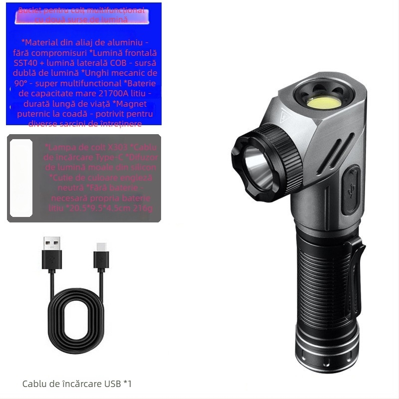 Lanternă LED magnetică de colț cu rotație de 360° și pivot la 90°, baterie 5000mAh, încărcare rapidă Type-C