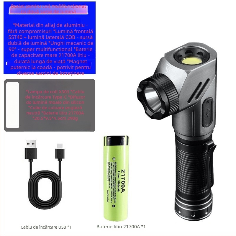 Lanternă LED magnetică de colț cu rotație de 360° și pivot la 90°, baterie 5000mAh, încărcare rapidă Type-C