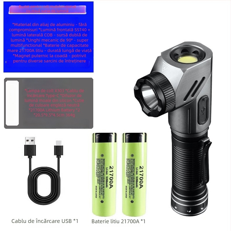 Lanternă LED magnetică de colț cu rotație de 360° și pivot la 90°, baterie 5000mAh, încărcare rapidă Type-C