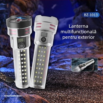 Lanternă LED externă multifuncțională cu iluminare puternică, baterie reîncărcabilă de 2000 mAh, corp din aliaj de aluminiu, rază de până la 500 m, alimentare manuală