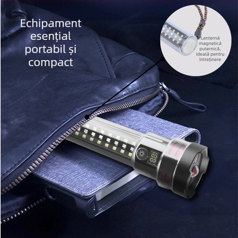 Lanternă LED externă multifuncțională cu iluminare puternică, baterie reîncărcabilă de 2000 mAh, corp din aliaj de aluminiu, rază de până la 500 m, alimentare manuală