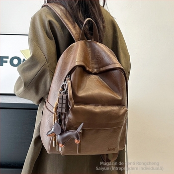 Rucsac PU cu compartiment pentru laptop, stil retro preppy european-american, închidere cu fermoar, rezistență la uzură pentru călătorii de afaceri