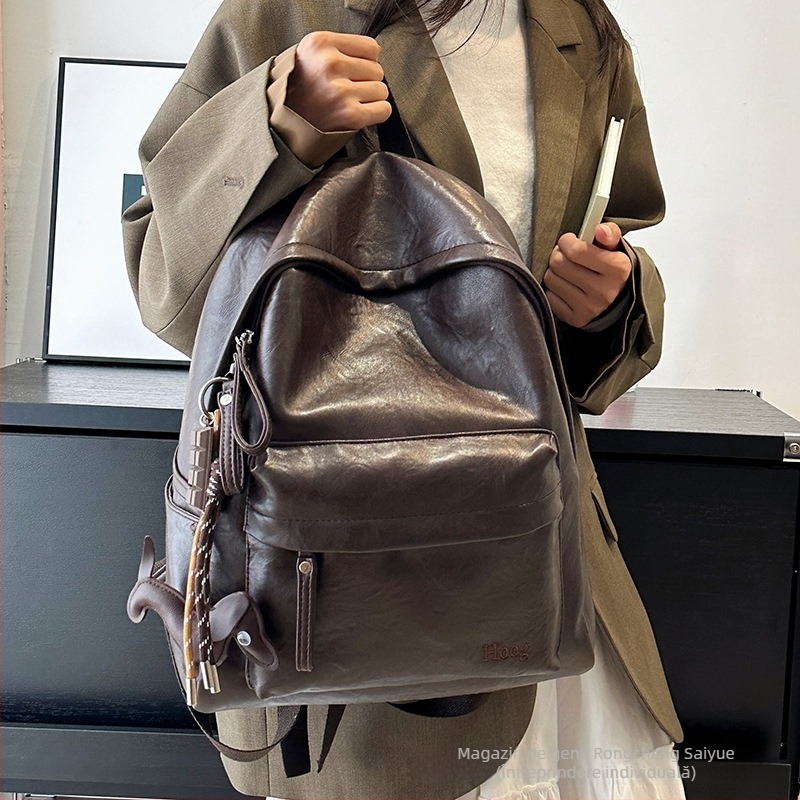 Rucsac PU cu compartiment pentru laptop, stil retro preppy european-american, închidere cu fermoar, rezistență la uzură pentru călătorii de afaceri