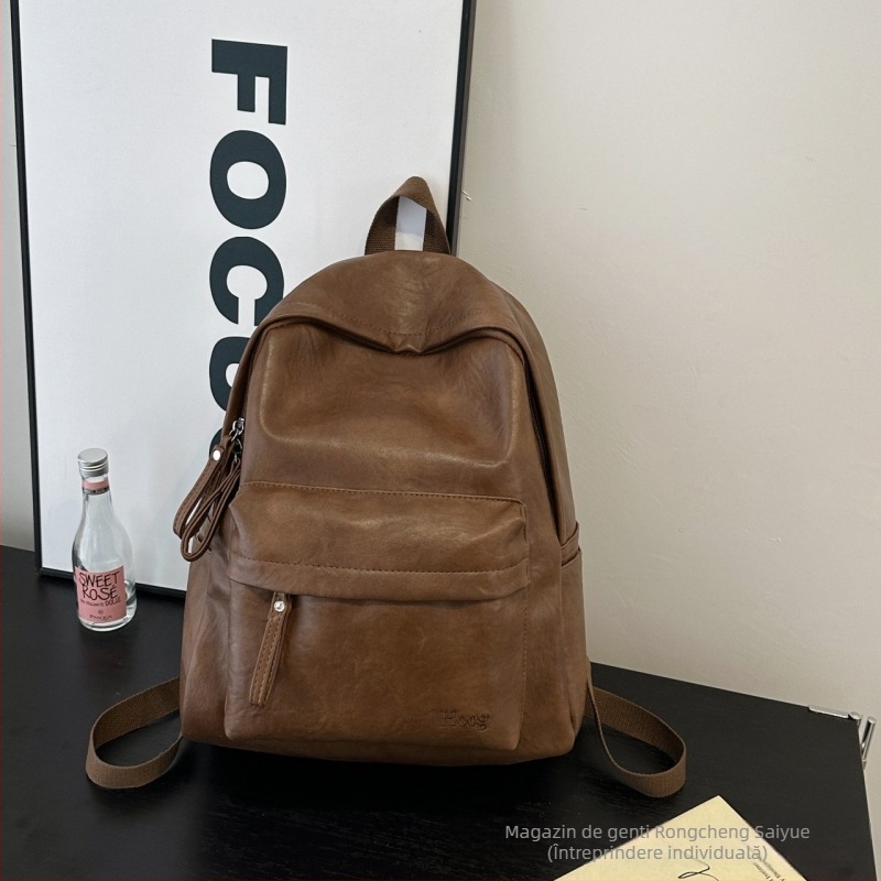 Rucsac PU cu compartiment pentru laptop, stil retro preppy european-american, închidere cu fermoar, rezistență la uzură pentru călătorii de afaceri