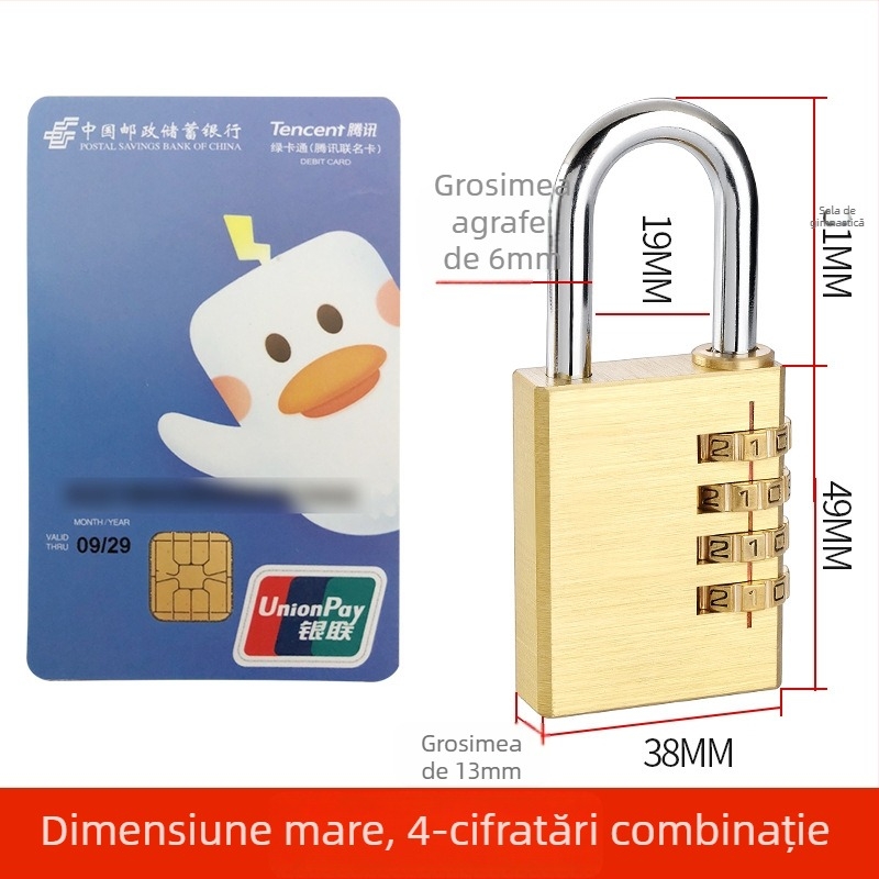 Lacăt cu 4 cifre din cupru sau aliaj de zinc pentru dulapuri, bagaje și sertare — mic lacăt mecanic, stil modern minimalist, materiale: cupru sau aliaj de zinc
