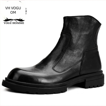 Ghete Martin pentru bărbați, din piele naturală, talpă din cauciuc, fermoar lateral, vârf rotund, toc mediu 3-5 cm