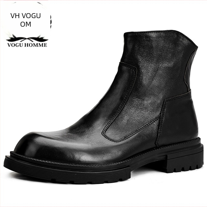 Ghete Martin pentru bărbați, din piele naturală, talpă din cauciuc, fermoar lateral, vârf rotund, toc mediu 3-5 cm