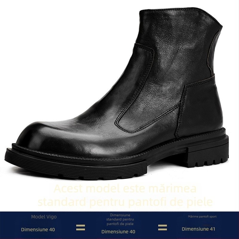 Ghete Martin pentru bărbați, din piele naturală, talpă din cauciuc, fermoar lateral, vârf rotund, toc mediu 3-5 cm