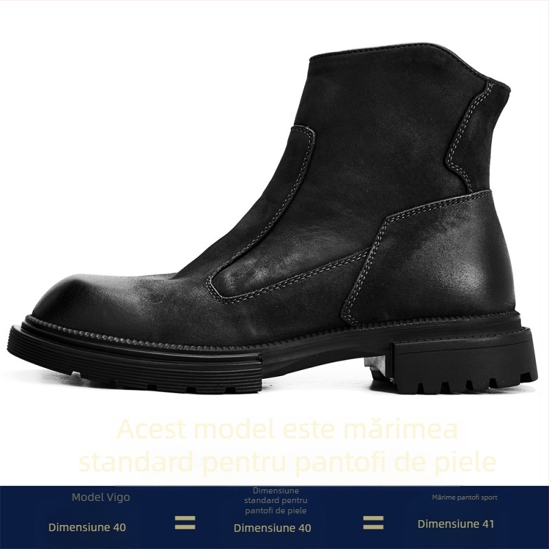 Ghete Martin pentru bărbați, din piele naturală, talpă din cauciuc, fermoar lateral, vârf rotund, toc mediu 3-5 cm