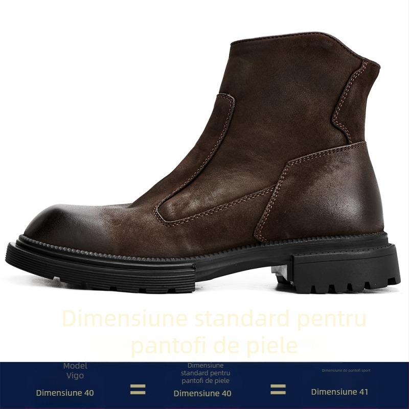 Ghete Martin pentru bărbați, din piele naturală, talpă din cauciuc, fermoar lateral, vârf rotund, toc mediu 3-5 cm