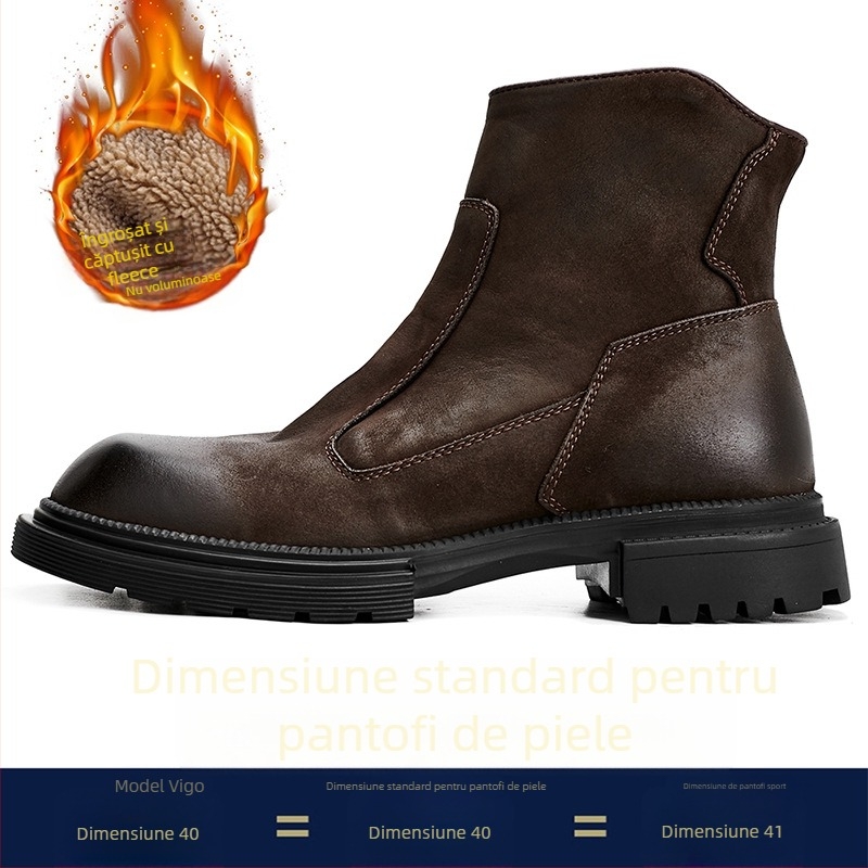 Ghete Martin pentru bărbați, din piele naturală, talpă din cauciuc, fermoar lateral, vârf rotund, toc mediu 3-5 cm