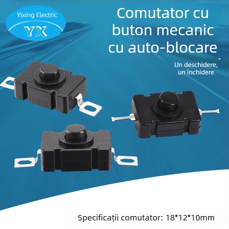 Comutator mic cu buton auto-blocant (24V, IP20, 2000 cicluri electrice, 2000 cicluri mecanice, conectare cu pini tip tab)