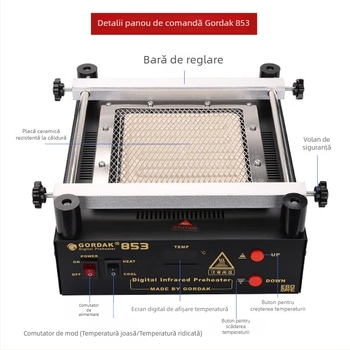 Platformă Goody de preîncălzire pentru reparații BGA – model 853, până la 500°C, afișaj digital, încălzire cu infraroșu