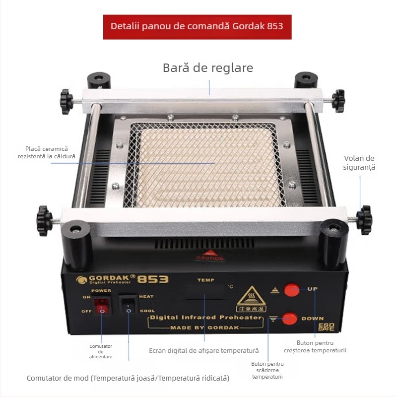 Platformă Goody de preîncălzire pentru reparații BGA – model 853, până la 500°C, afișaj digital, încălzire cu infraroșu