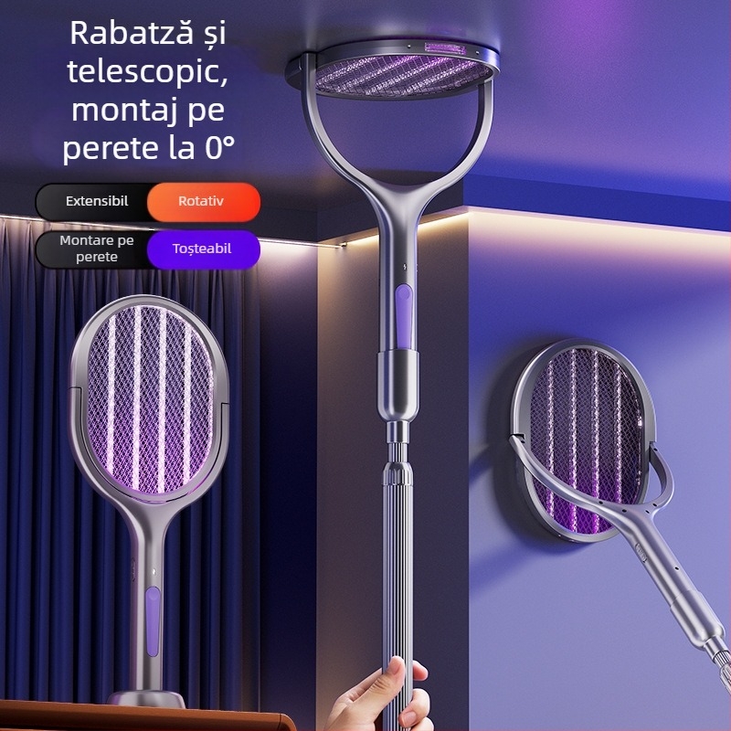 Lopată electrică pentru țânțari - 2 în 1, pliabilă, reîncărcabilă (Acoperire 11–20 m²; Lampă UV; Rotație 360°; Plasă din aluminiu; Baterie încorporată 1001–1600 mAh)