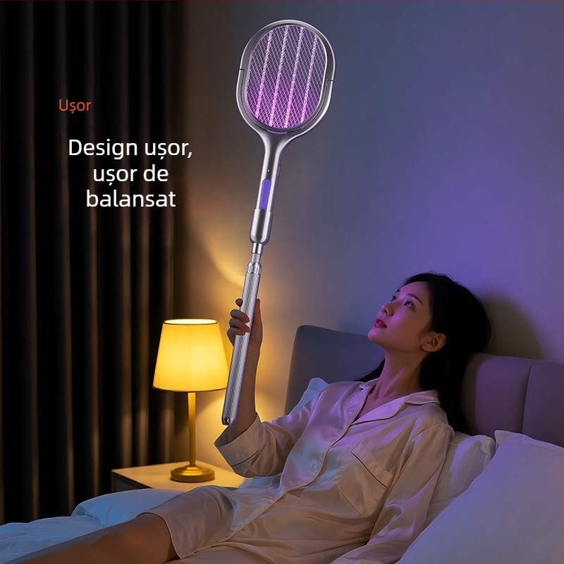 Lopată electrică pentru țânțari - 2 în 1, pliabilă, reîncărcabilă (Acoperire 11–20 m²; Lampă UV; Rotație 360°; Plasă din aluminiu; Baterie încorporată 1001–1600 mAh)