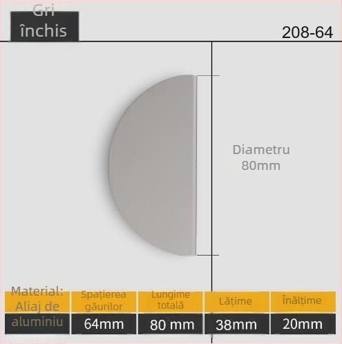 Mâneri semisferici pentru uși, aliaj de aluminiu, finisaj prin pulverizare, model 208, stil modern minimalist