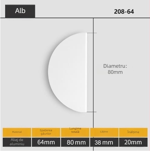 Mâneri semisferici pentru uși, aliaj de aluminiu, finisaj prin pulverizare, model 208, stil modern minimalist