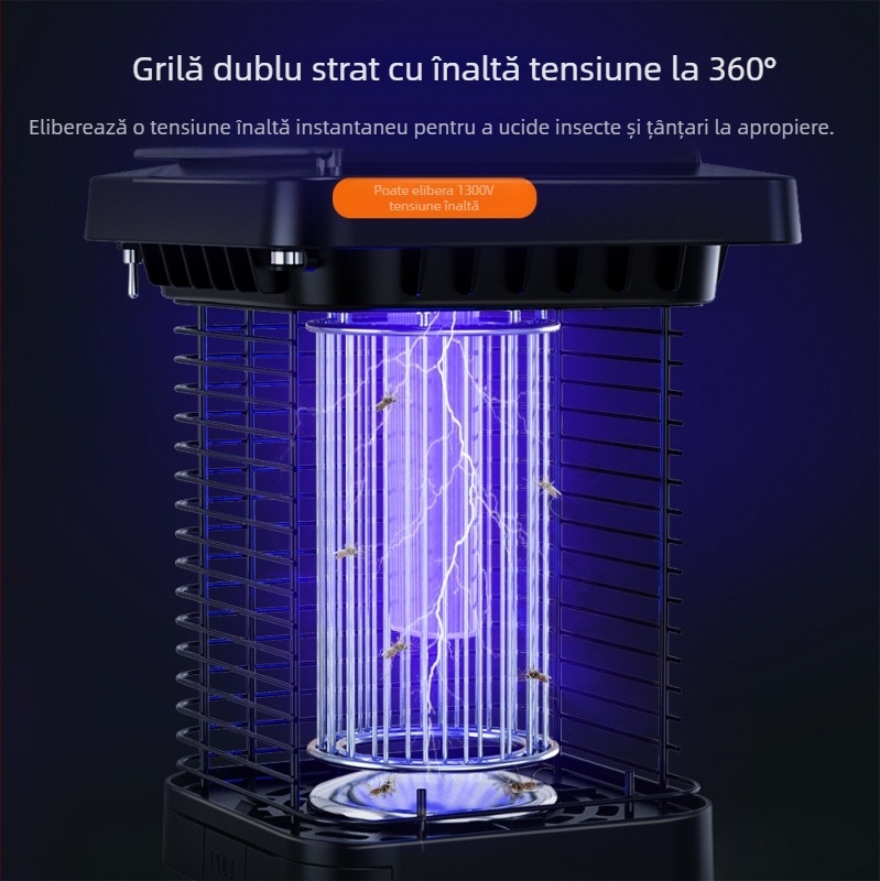 Lampă solară pentru combaterea țânțarilor în grădină, cu lampă UV, panou 3W monocrystal, baterie încorporată 2501–3000mAh, 1300V DC, acoperire 11–20 m²