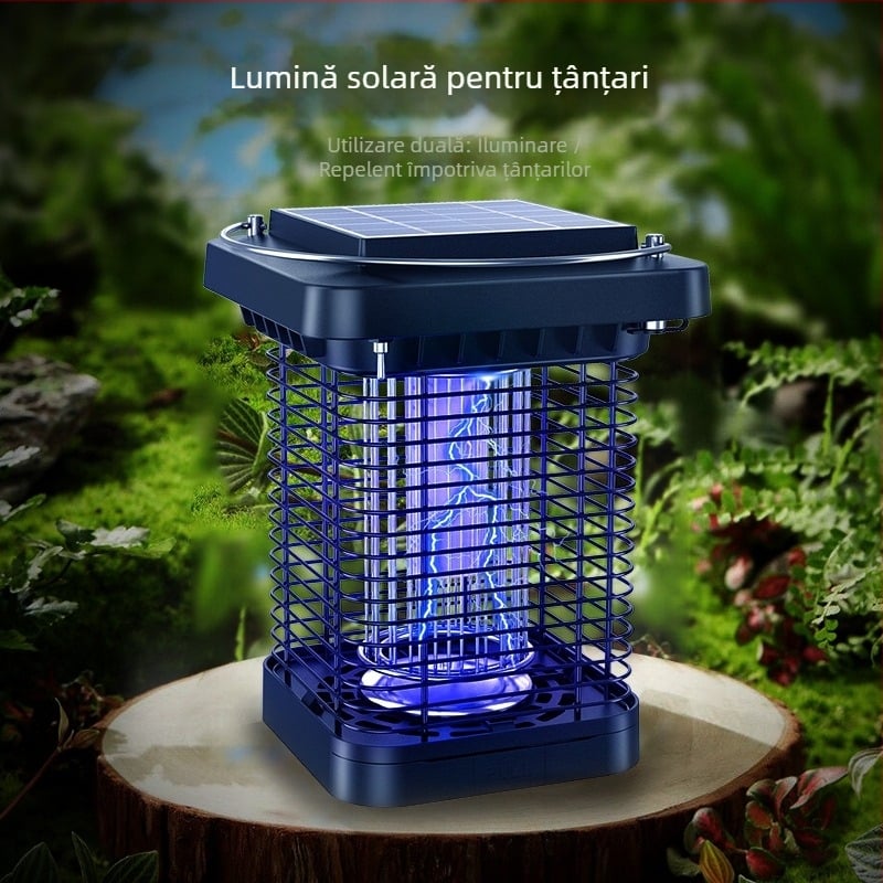 Lampă solară pentru combaterea țânțarilor în grădină, cu lampă UV, panou 3W monocrystal, baterie încorporată 2501–3000mAh, 1300V DC, acoperire 11–20 m²