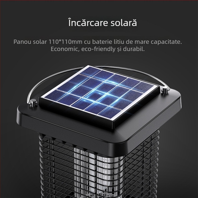Lampă solară pentru combaterea țânțarilor în grădină, cu lampă UV, panou 3W monocrystal, baterie încorporată 2501–3000mAh, 1300V DC, acoperire 11–20 m²