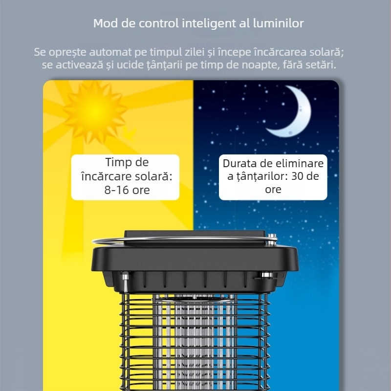 Lampă solară pentru combaterea țânțarilor în grădină, cu lampă UV, panou 3W monocrystal, baterie încorporată 2501–3000mAh, 1300V DC, acoperire 11–20 m²