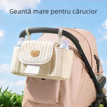 Geantă pentru cărucior cu broderie pe fermoar în stil coreean, geantă de depozitare mamă-bebeluș, poliester, respirabilă și ultra ușoară, curea de umăr curbată