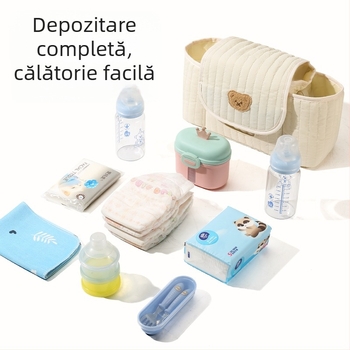 Geantă pentru cărucior cu broderie pe fermoar în stil coreean, geantă de depozitare mamă-bebeluș, poliester, respirabilă și ultra ușoară, curea de umăr curbată
