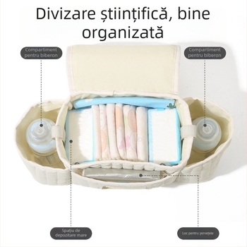 Geantă pentru cărucior cu broderie pe fermoar în stil coreean, geantă de depozitare mamă-bebeluș, poliester, respirabilă și ultra ușoară, curea de umăr curbată