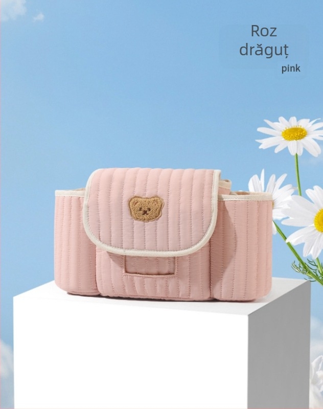 Geantă pentru cărucior cu broderie pe fermoar în stil coreean, geantă de depozitare mamă-bebeluș, poliester, respirabilă și ultra ușoară, curea de umăr curbată