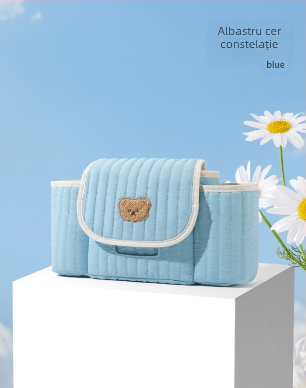 Geantă pentru cărucior cu broderie pe fermoar în stil coreean, geantă de depozitare mamă-bebeluș, poliester, respirabilă și ultra ușoară, curea de umăr curbată