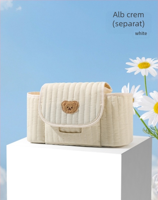 Geantă pentru cărucior cu broderie pe fermoar în stil coreean, geantă de depozitare mamă-bebeluș, poliester, respirabilă și ultra ușoară, curea de umăr curbată