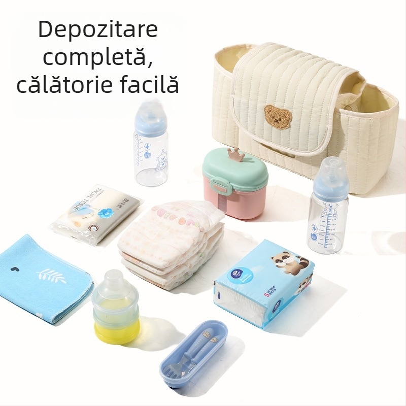Geantă pentru cărucior cu broderie pe fermoar în stil coreean, geantă de depozitare mamă-bebeluș, poliester, respirabilă și ultra ușoară, curea de umăr curbată