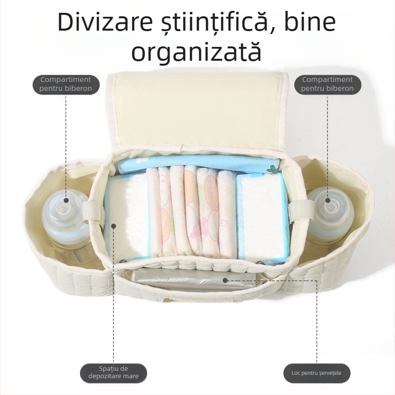 Geantă pentru cărucior cu broderie pe fermoar în stil coreean, geantă de depozitare mamă-bebeluș, poliester, respirabilă și ultra ușoară, curea de umăr curbată