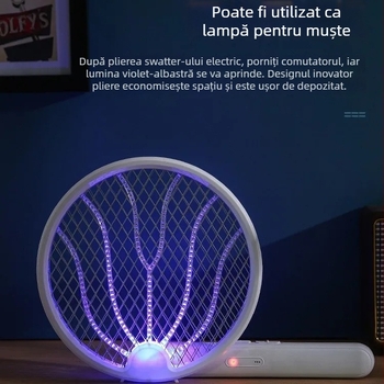 Fier electric pliabil pentru țânțari, lampă 2‑în‑1 pentru captare, USB reîncărcabilă, lumină UV, rotație de 180°, plasă din aluminiu