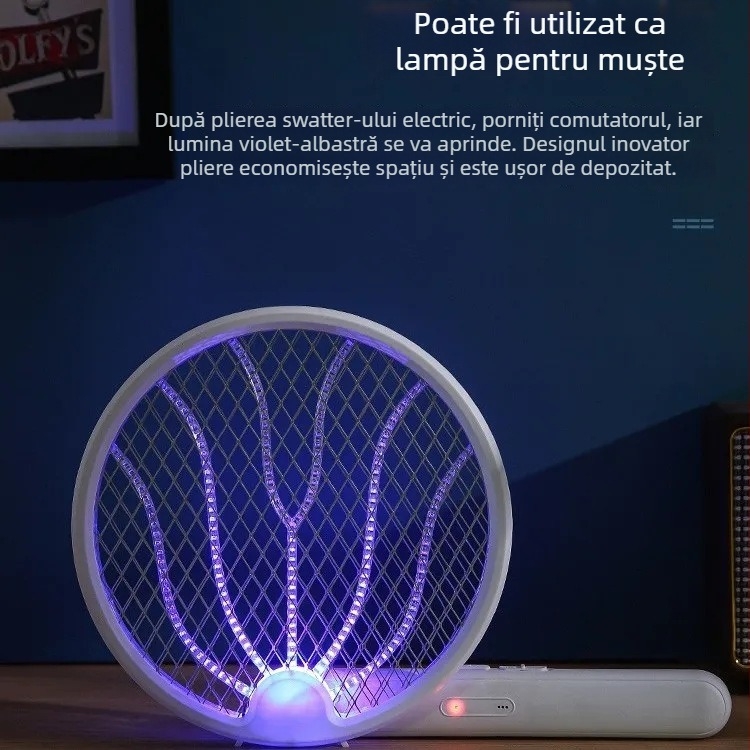 Fier electric pliabil pentru țânțari, lampă 2‑în‑1 pentru captare, USB reîncărcabilă, lumină UV, rotație de 180°, plasă din aluminiu