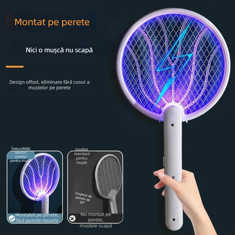 Fier electric pliabil pentru țânțari, lampă 2‑în‑1 pentru captare, USB reîncărcabilă, lumină UV, rotație de 180°, plasă din aluminiu