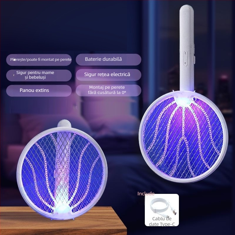 Fier electric pliabil pentru țânțari, lampă 2‑în‑1 pentru captare, USB reîncărcabilă, lumină UV, rotație de 180°, plasă din aluminiu