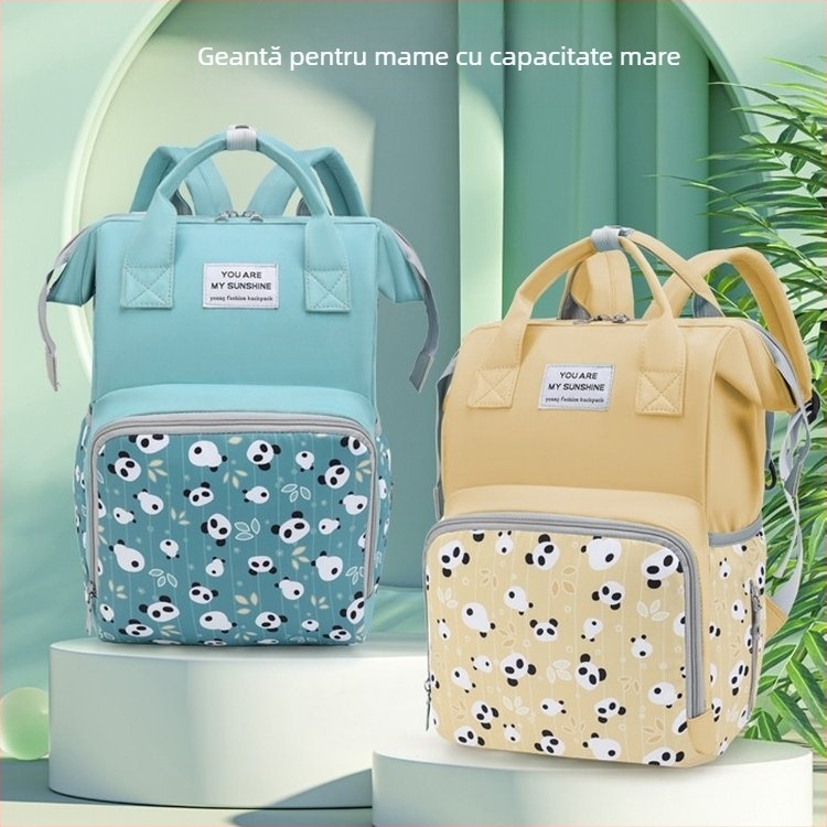 Rucsac maternitate, capacitate mare, compartimente multiple, separare uscat/umed, material Oxford, căptușeală poliester, curele cu pernă de aer (Oxford material; separare uscat-umed; desene anime)