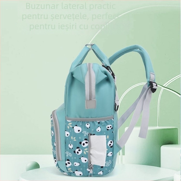 Rucsac maternitate, capacitate mare, compartimente multiple, separare uscat/umed, material Oxford, căptușeală poliester, curele cu pernă de aer (Oxford material; separare uscat-umed; desene anime)